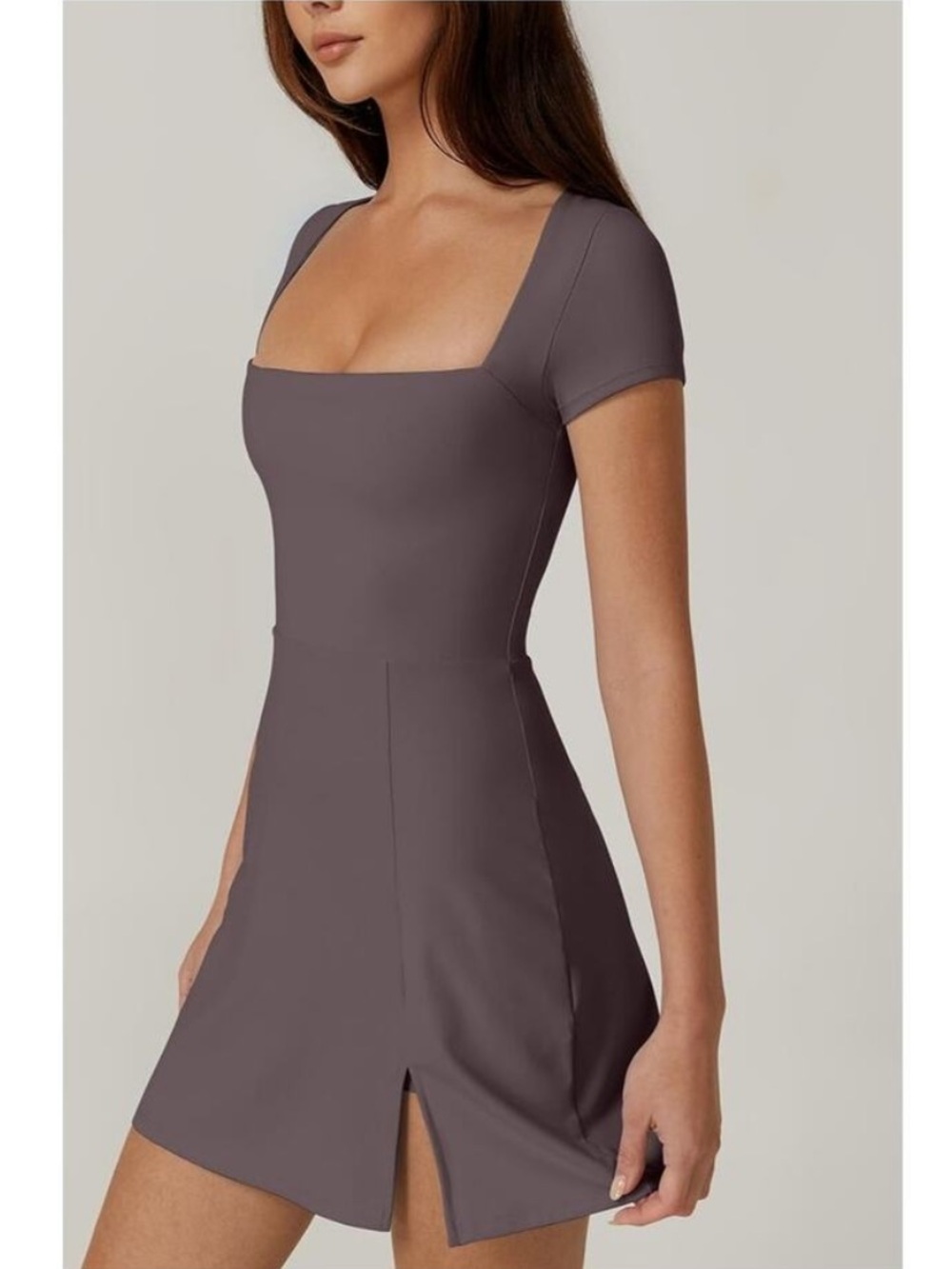 Qinsen Deep Taupe Square Neckline Built In Shorts Mini Tennis Dress Size Small